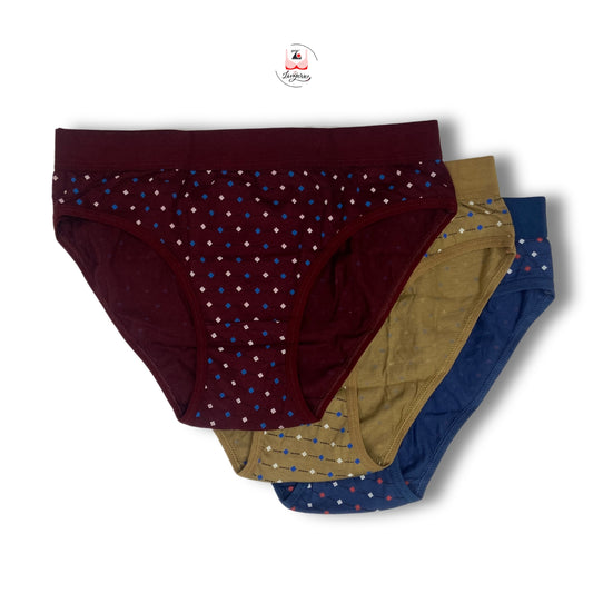 Square Dot Broad Waist Band Cotton Fabric Hipster Briefs - Pack of 3 Printed Colours