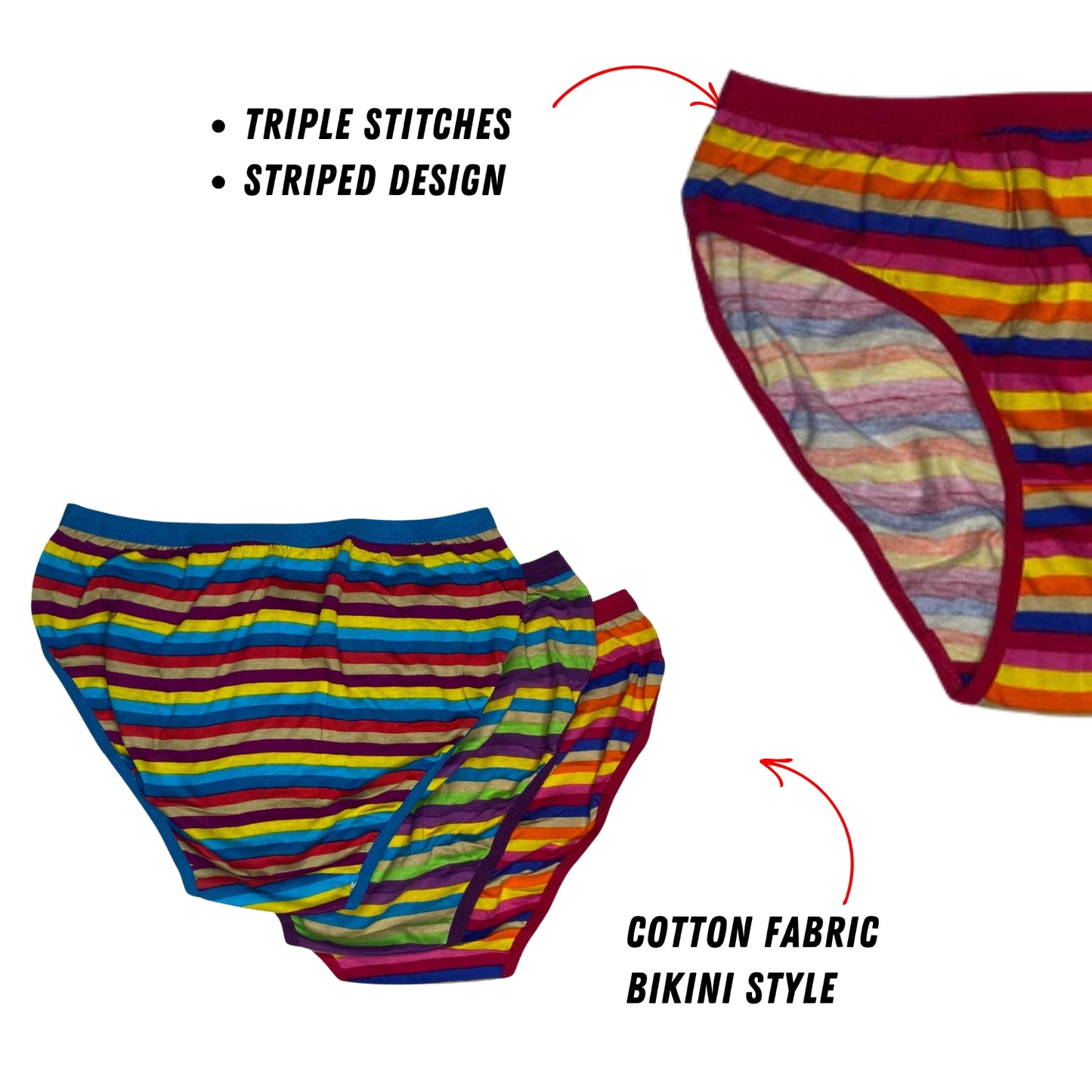 Women's Mid-Waist Cotton Panties – Striped Multicolor Design (3-Pack) | LOZEC CREATION