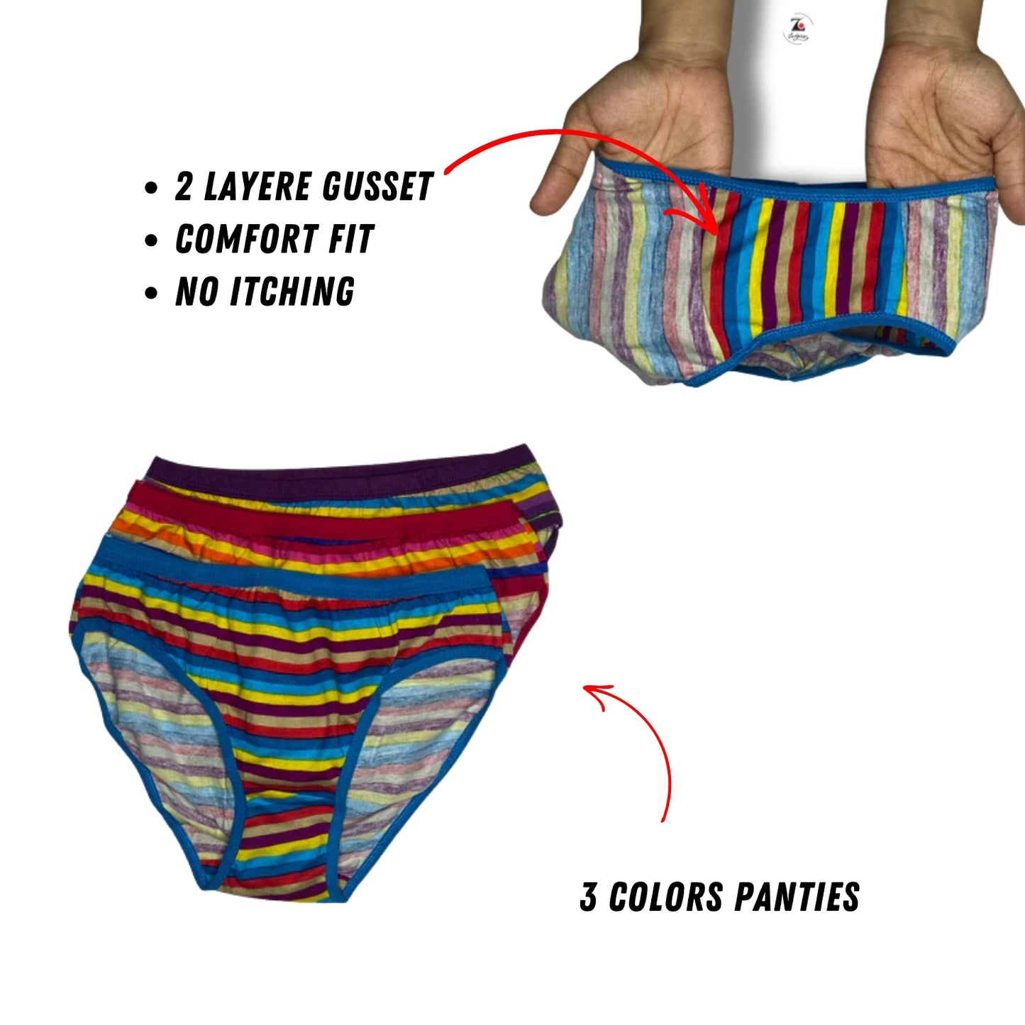 Women's Mid-Waist Cotton Panties – Striped Multicolor Design (3-Pack) | LOZEC CREATION