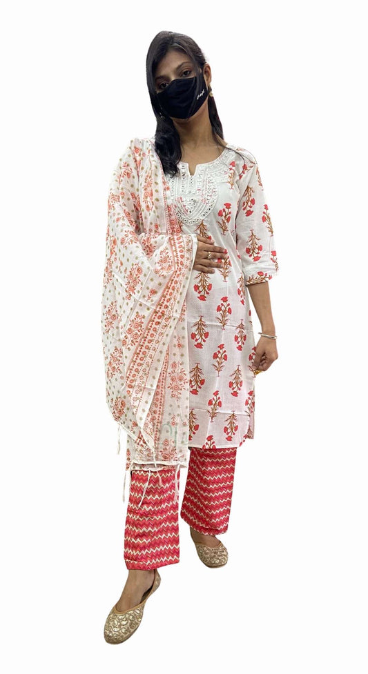 Woman wearing a white and red traditional outfit with a black mask on a white background